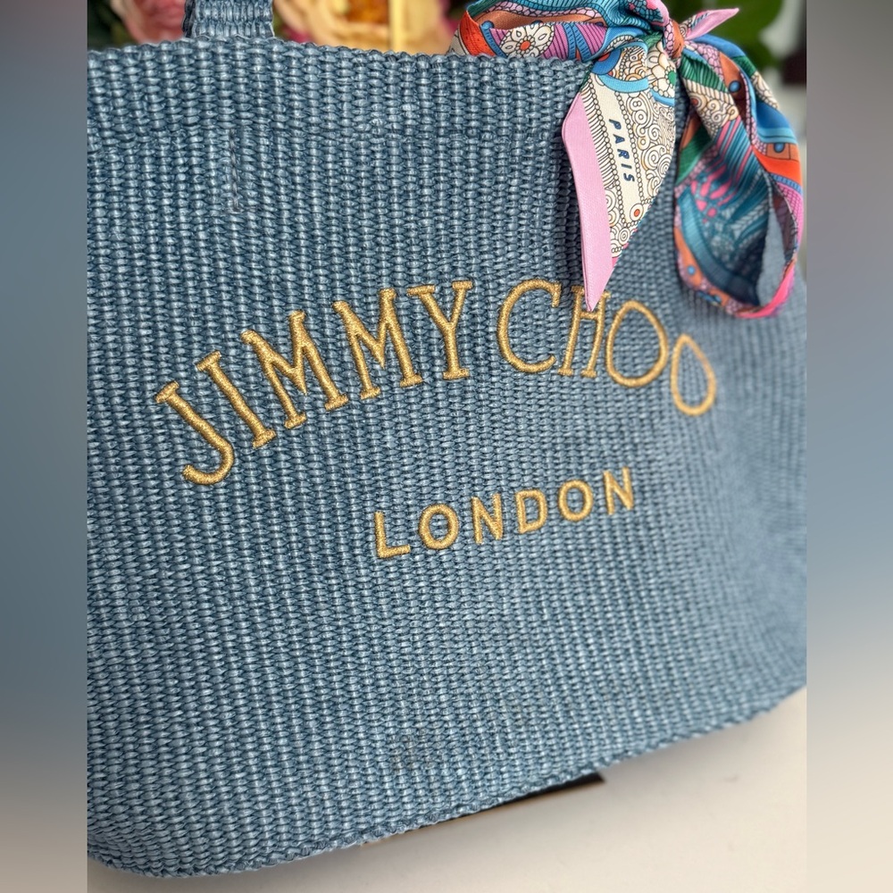 JIMMY CHOO embroidered-logo woven tote/shoulder bag in blue - WORN ONCE - Picture 2 of 11